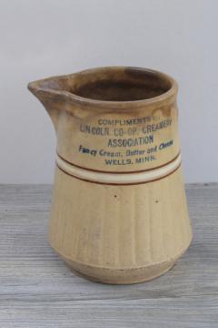 catalog photo of Red Wing Saffron Ware yellow stoneware pottery pitcher, antique advertising Wells Minnesota creamery