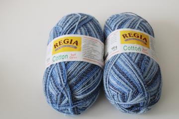 catalog photo of Regia Cotton sock yarn surf color shades of blue, lot of two 100 gram balls same dye lot 