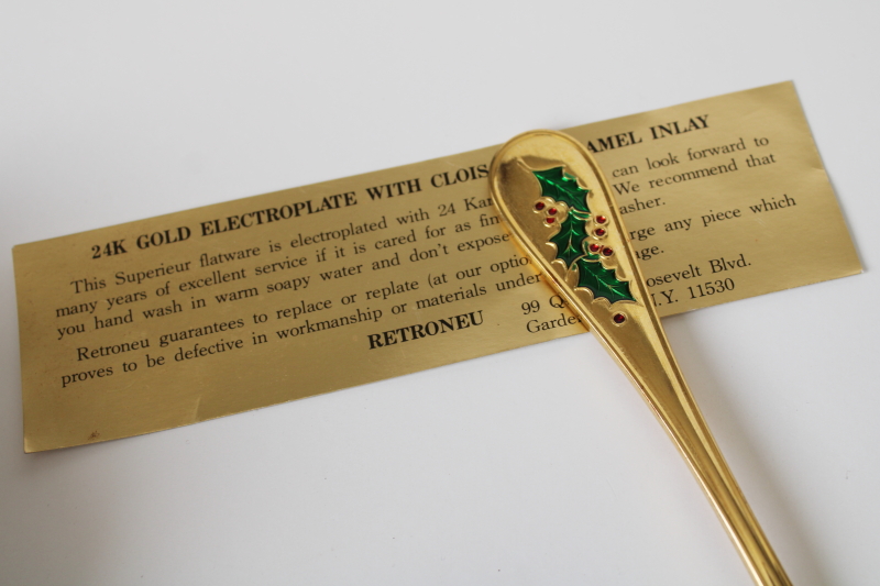 photo of Retroneu Christmas holly sauce or gravy serving ladle, cloisonne gold electroplate #2