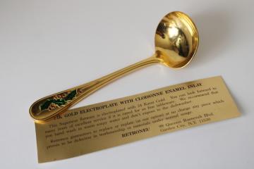 catalog photo of Retroneu Christmas holly sauce or gravy serving ladle, cloisonne gold electroplate 