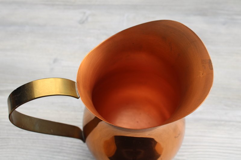 photo of Revere style vintage patina copper pitcher w/ brass handle, vase for fall flowers #2