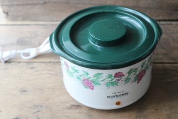 catalog photo of Rival Crockette mini crock pot, vintage cottagecore kitchen dark green, grape vine print 