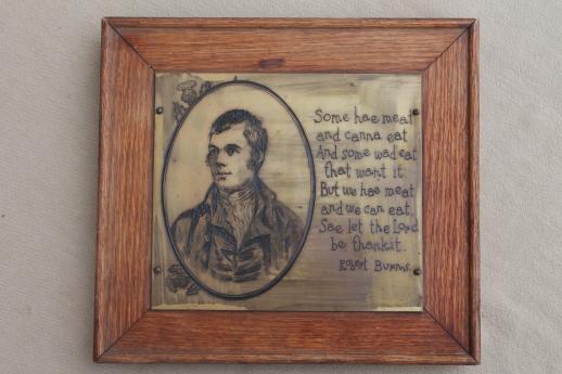 photo of Robert Burns Selkirk Grace bronze plaque, engraved brass in old oak frame #1