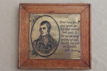 catalog photo of Robert Burns Selkirk Grace bronze plaque, engraved brass in old oak frame