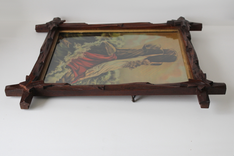 photo of Rock of Ages antique color religious print in Eastlake Adirondack carved wood frame early 1900s vintage  #4