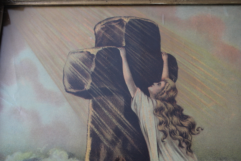 photo of Rock of Ages antique color religious print in Eastlake Adirondack carved wood frame early 1900s vintage  #5
