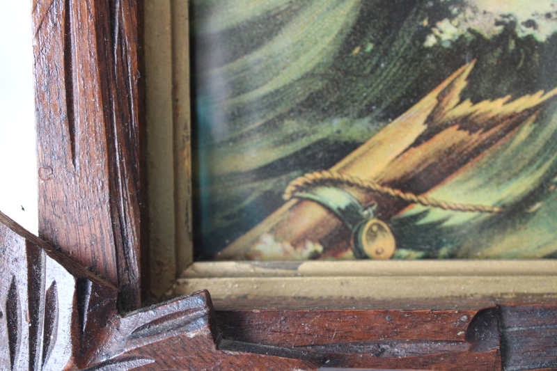 photo of Rock of Ages antique color religious print in Eastlake Adirondack carved wood frame early 1900s vintage  #7