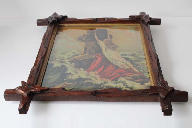 photo of Rock of Ages antique color religious print in Eastlake Adirondack carved wood frame early 1900s vintage  #8
