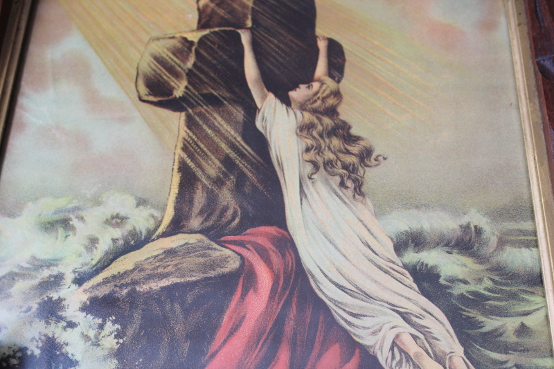photo of Rock of Ages antique color religious print in Eastlake Adirondack carved wood frame early 1900s vintage  #9