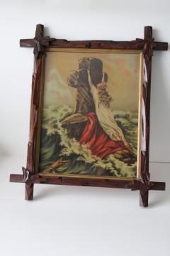 catalog photo of Rock of Ages antique color religious print in Eastlake Adirondack carved wood frame early 1900s vintage 