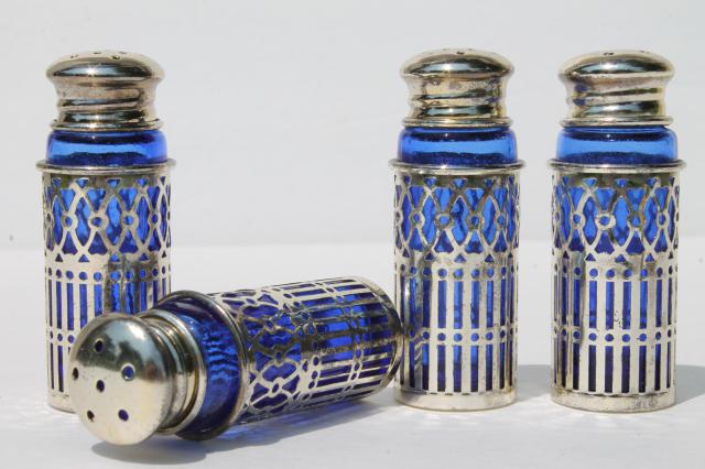 photo of Rogers silver plated cobalt blue glass salt & pepper shakers, vintage S&P sets #1