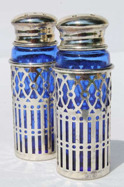 photo of Rogers silver plated cobalt blue glass salt & pepper shakers, vintage S&P sets #2