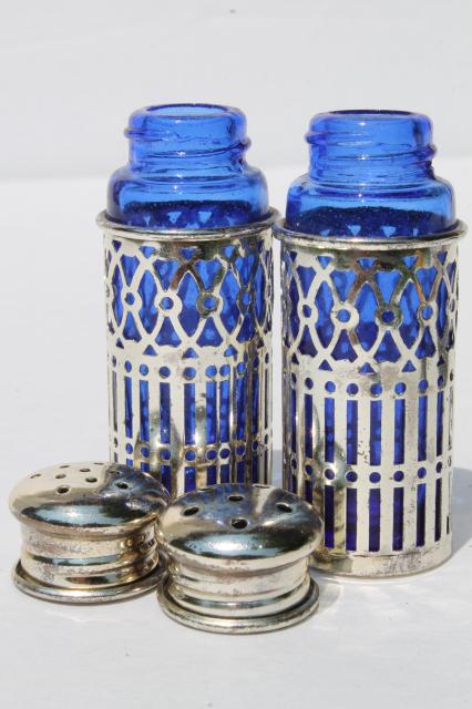 photo of Rogers silver plated cobalt blue glass salt & pepper shakers, vintage S&P sets #3