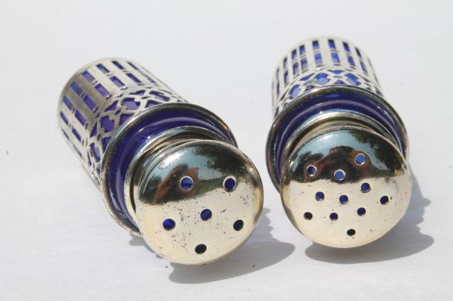 photo of Rogers silver plated cobalt blue glass salt & pepper shakers, vintage S&P sets #4