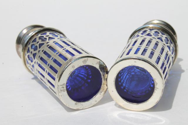 photo of Rogers silver plated cobalt blue glass salt & pepper shakers, vintage S&P sets #5