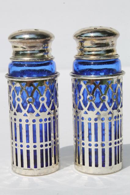 photo of Rogers silver plated cobalt blue glass salt & pepper shakers, vintage S&P sets #6