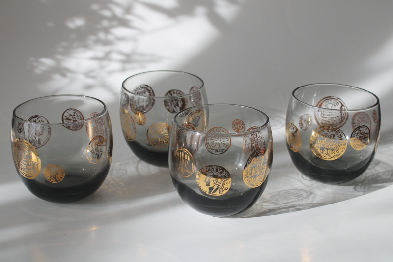 photo of Roman gold coins print lowball roly poly glasses, mid century mod vintage smoke gray glass tumblers  #1