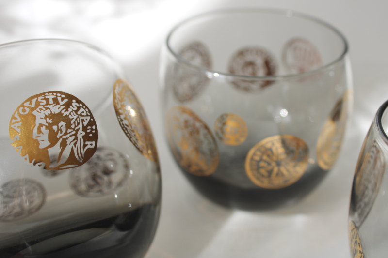 photo of Roman gold coins print lowball roly poly glasses, mid century mod vintage smoke gray glass tumblers  #3
