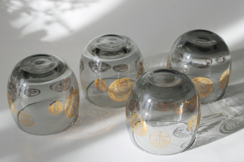 photo of Roman gold coins print lowball roly poly glasses, mid century mod vintage smoke gray glass tumblers  #4