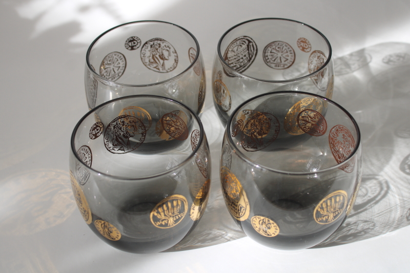 photo of Roman gold coins print lowball roly poly glasses, mid century mod vintage smoke gray glass tumblers  #5