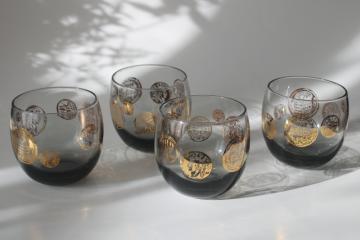 catalog photo of Roman gold coins print lowball roly poly glasses, mid century mod vintage smoke gray glass tumblers 