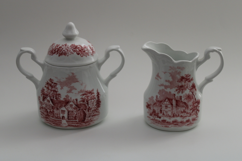 photo of Romantic England Meakin red transferware cream & sugar Herefordshire & Dorset scenes #1