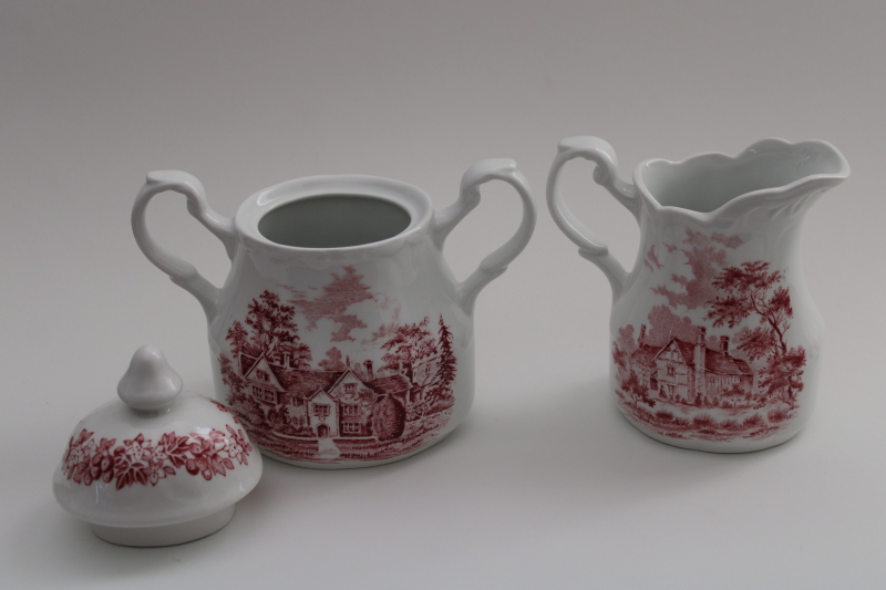 photo of Romantic England Meakin red transferware cream & sugar Herefordshire & Dorset scenes #2