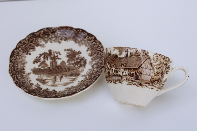 photo of Romantic England vintage brown transferware china tea cup & saucer, English country cottage print  #2