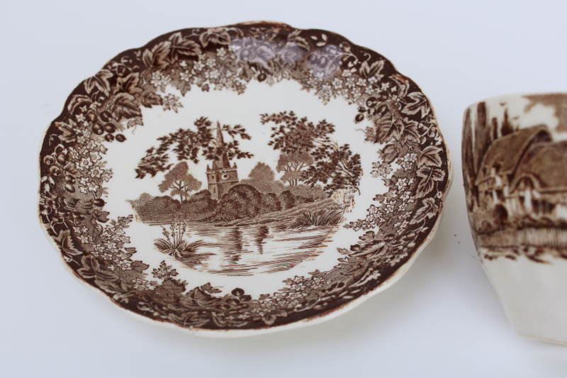 photo of Romantic England vintage brown transferware china tea cup & saucer, English country cottage print  #3