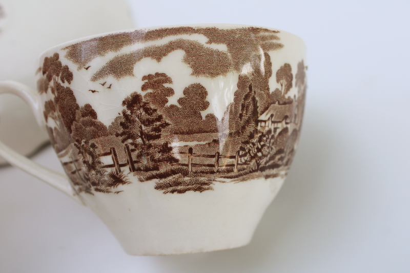 photo of Romantic England vintage brown transferware china tea cup & saucer, English country cottage print  #6