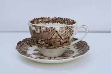 catalog photo of Romantic England vintage brown transferware china tea cup & saucer, English country cottage print 
