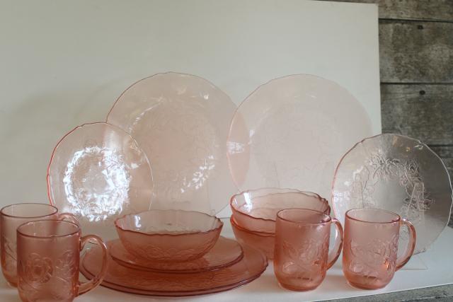 photo of Rosa Rosaline pink glass Arcoroc France, French kitchen glass dinnerware set for 4 #1