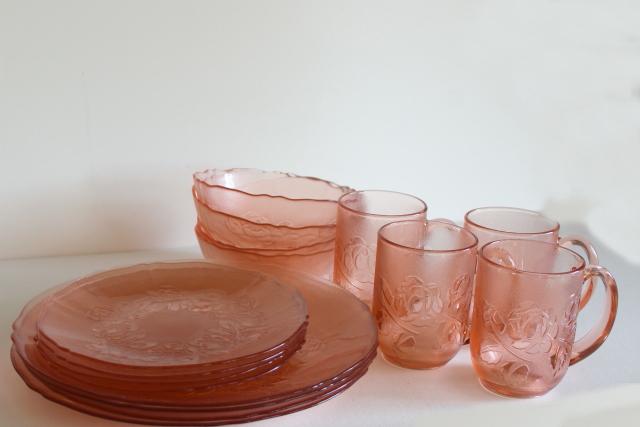 photo of Rosa Rosaline pink glass Arcoroc France, French kitchen glass dinnerware set for 4 #5