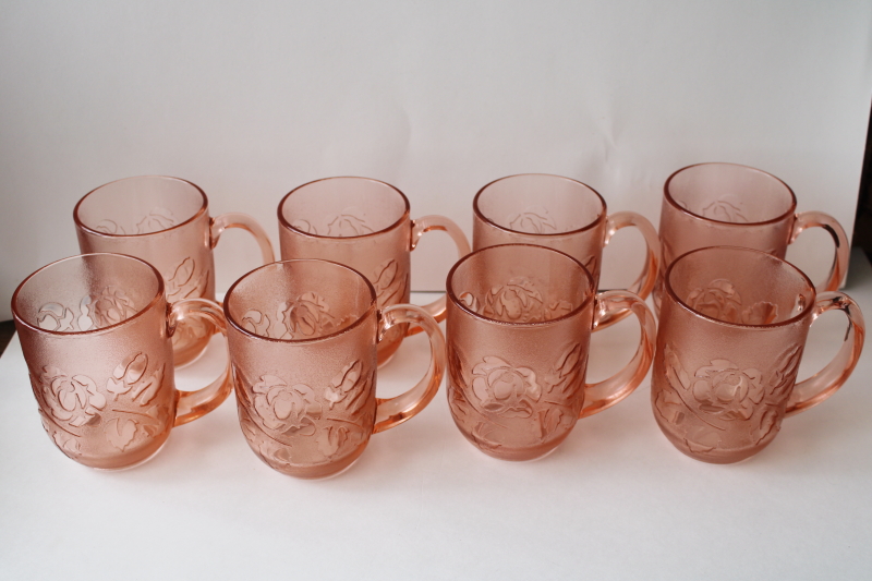 photo of Rosaline Rosa pink vintage Arcoroc rose floral pattern glass mugs set of 8 #2