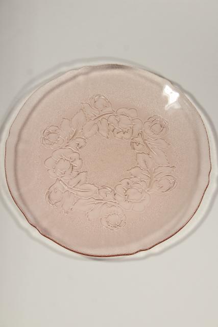 photo of Rosaline floral pattern pink glass plate, vintage Arcoroc glass made in France #1