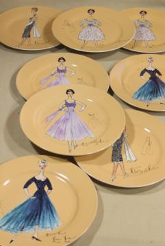 catalog photo of Rosanna china dessert or salad plates, line drawing ladies in vintage cocktail gowns