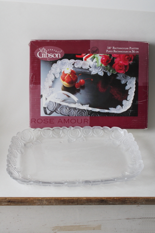 photo of Rose Amour Gibson glass tray or platter new in box vintage, clear glass w/ frosted roses  #2