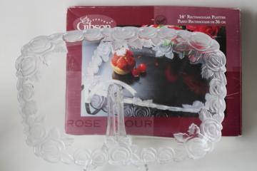 catalog photo of Rose Amour Gibson glass tray or platter new in box vintage, clear glass w/ frosted roses 