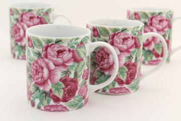 catalog photo of Rose Garden pattern pink roses ceramic coffee mugs set, Horchow vintage Japan china