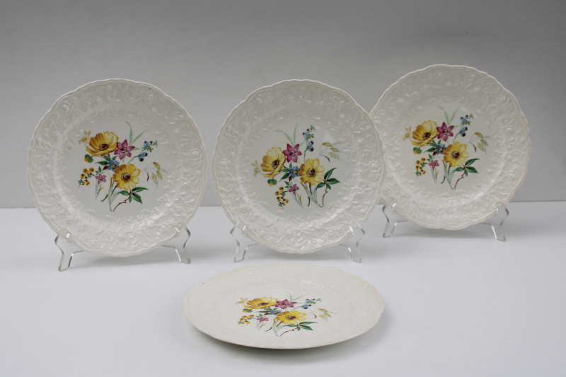 photo of Rose Point embossed border vintage Pope Gosser china dinner plates, wildflowers floral center #1