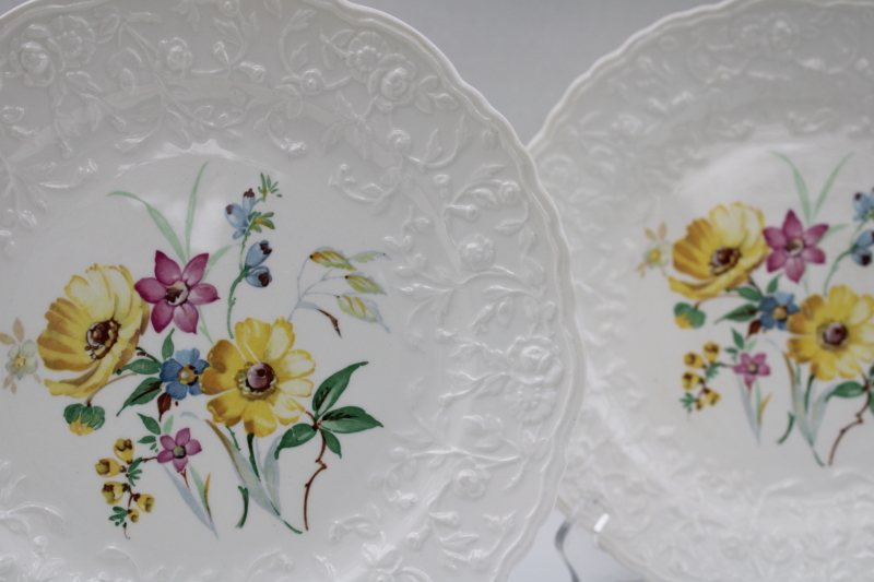 photo of Rose Point embossed border vintage Pope Gosser china dinner plates, wildflowers floral center #2