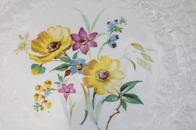 photo of Rose Point embossed border vintage Pope Gosser china dinner plates, wildflowers floral center #3