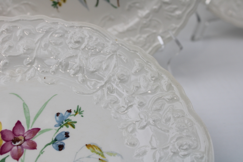 photo of Rose Point embossed border vintage Pope Gosser china dinner plates, wildflowers floral center #4