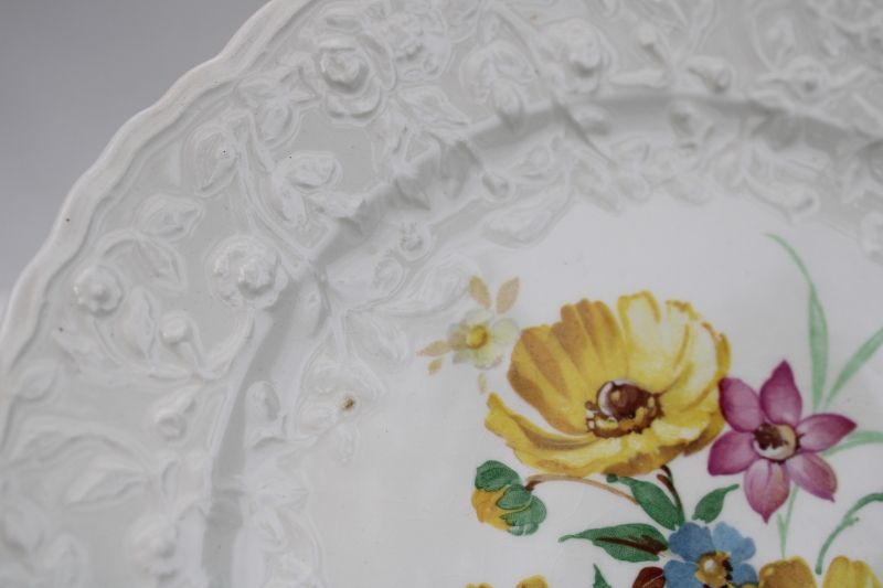 photo of Rose Point embossed border vintage Pope Gosser china dinner plates, wildflowers floral center #5