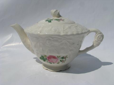 photo of Rose Point embossed floral pattern china teapot, pink roses, Pope-Gosser #1