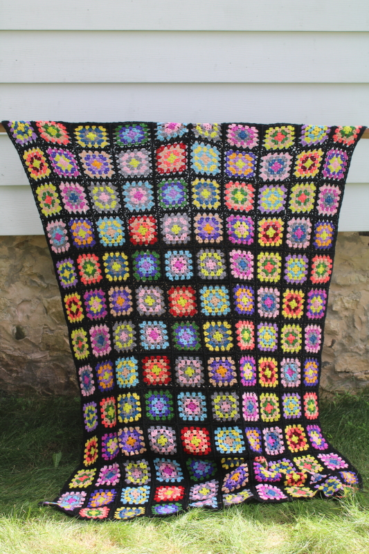 photo of Roseanne afghan, vintage granny squares crochet blanket, bright rainbow colors w/ black  #1