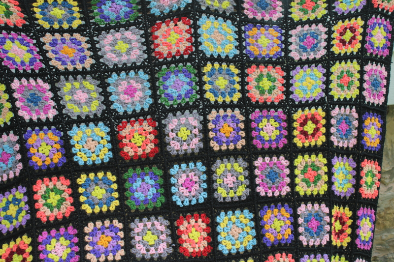 photo of Roseanne afghan, vintage granny squares crochet blanket, bright rainbow colors w/ black  #2