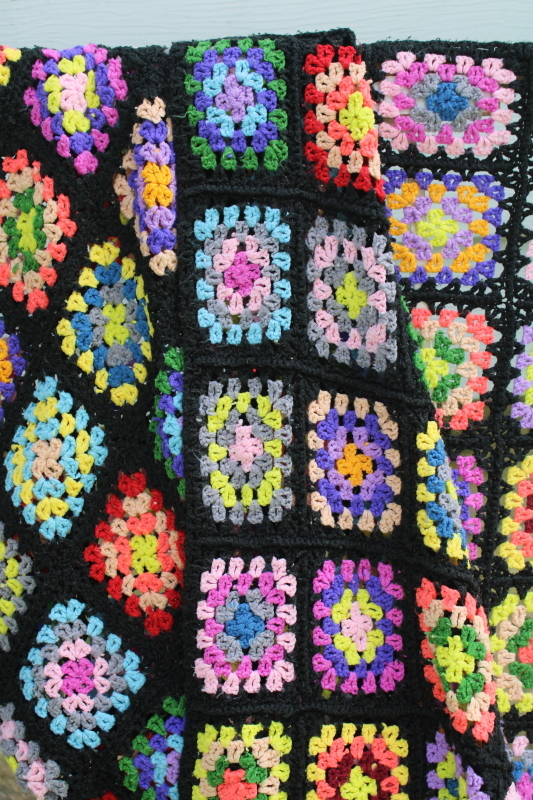 photo of Roseanne afghan, vintage granny squares crochet blanket, bright rainbow colors w/ black  #3