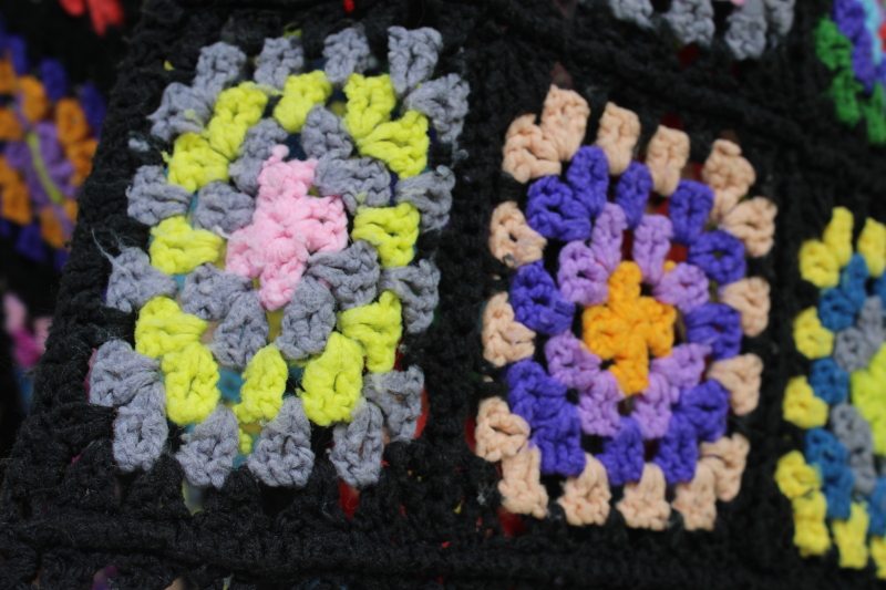 photo of Roseanne afghan, vintage granny squares crochet blanket, bright rainbow colors w/ black  #4