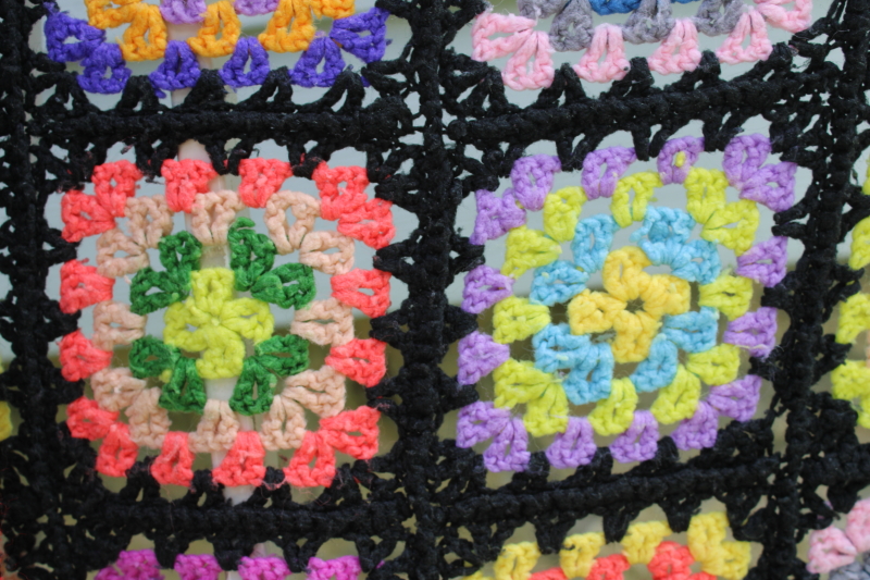 photo of Roseanne afghan, vintage granny squares crochet blanket, bright rainbow colors w/ black  #5